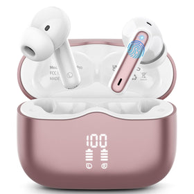 Xinwld A97 earbuds in rose gold charging case showing portable power on the go