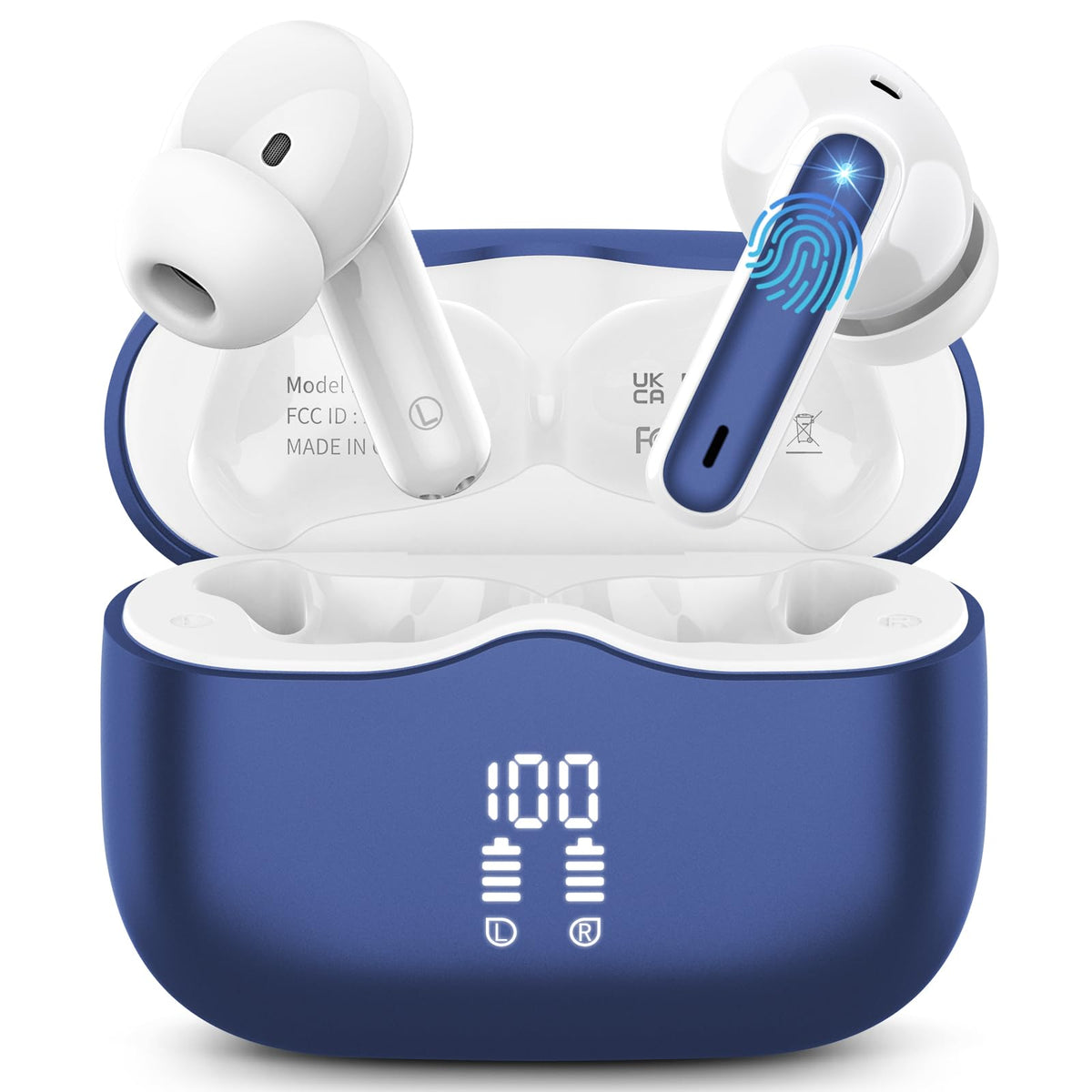 Xinwld A97 Pro earbuds inside charging case, ready for quick pairing.