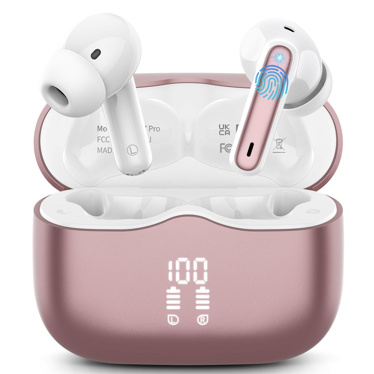 xinwld A97 earbuds in rose gold charging case with LED battery display