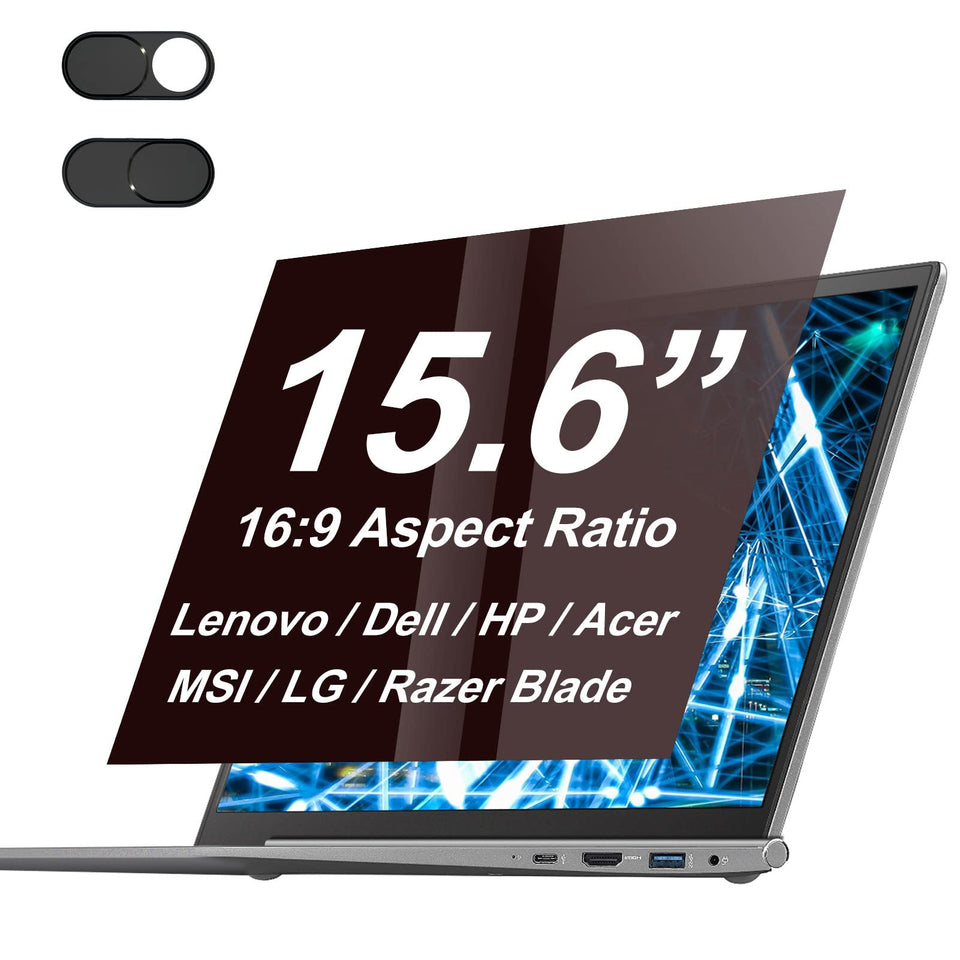 XinWoTuo front view of the 15.6" privacy screen showing packaging and protector benefits
