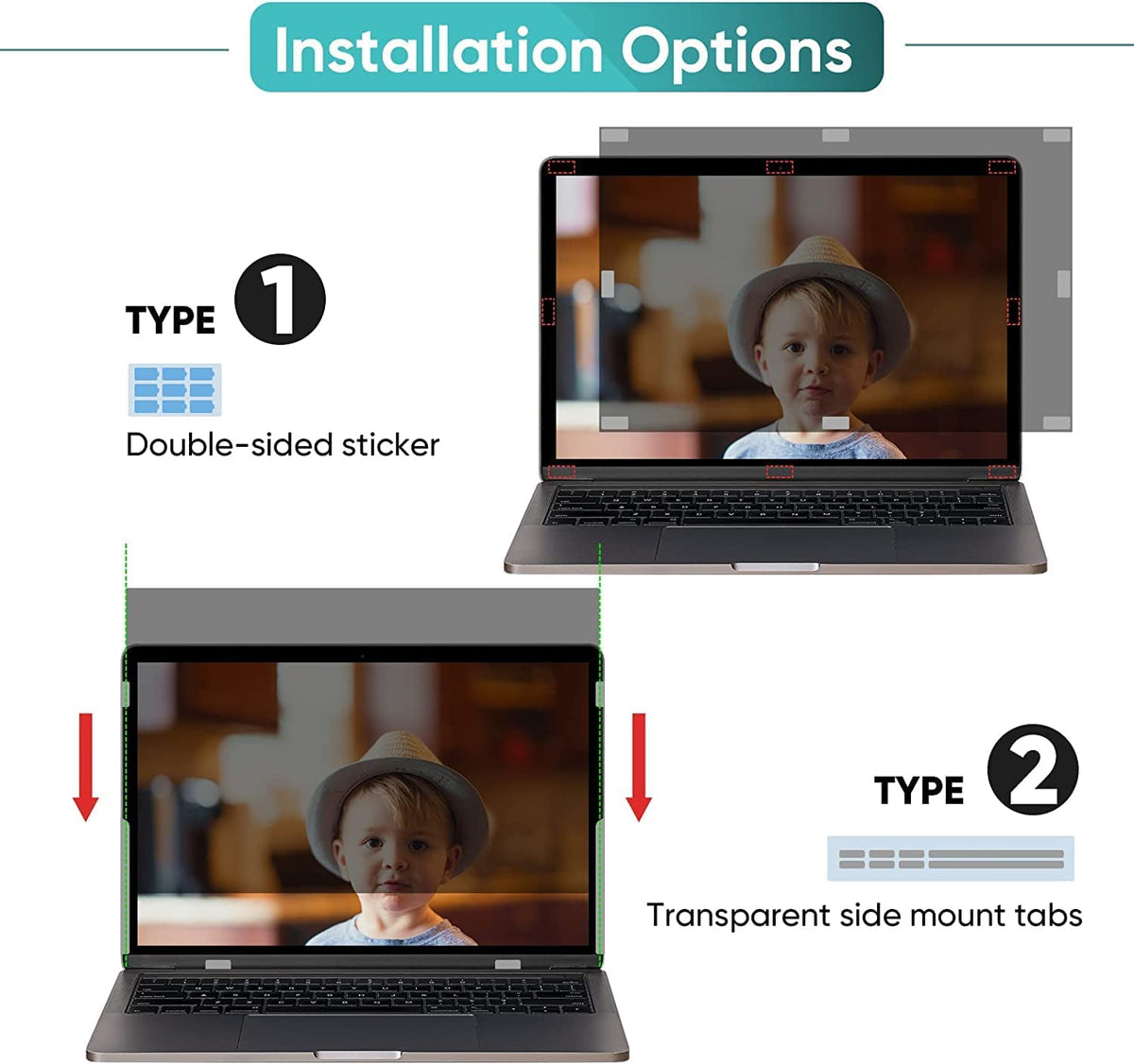 XinWoTuo privacy filter beside a ruler showing 13.6 by 7.6 inch filter dimensions