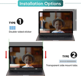 XinWoTuo privacy filter beside a ruler showing 13.6 by 7.6 inch filter dimensions
