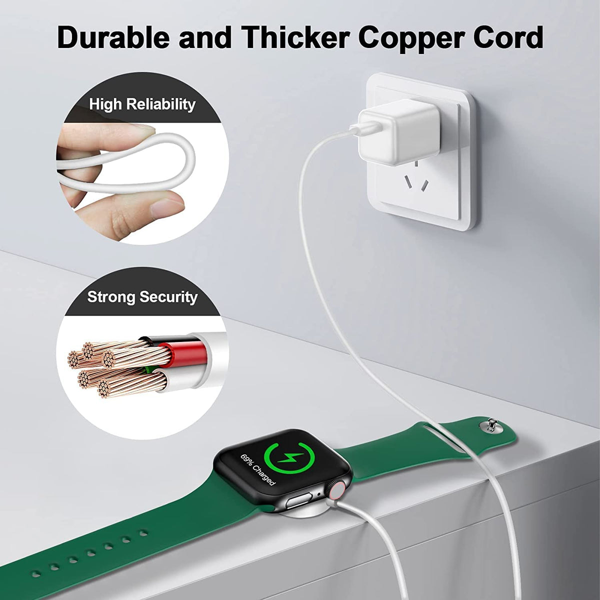 Xiwxi compact travel charging cable for Apple Watch, white, fits small bags.