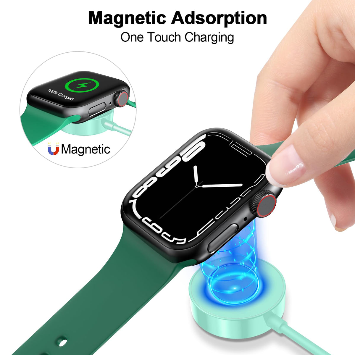 Xiwxi green Apple Watch charger on desk, 1m cable neatly coiled for quick use.