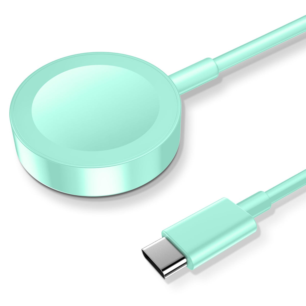 Xiwxi magnetic Apple Watch charger, green 1m cable, angled bedside charging.