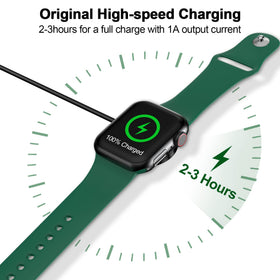 Xiwxi magnetic charging cable in use, Apple Watch on charger during travel.