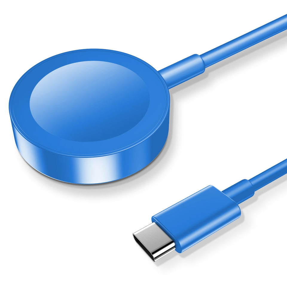 Xiwxi upgraded magnetic Apple Watch charger in blue with on-the-go wireless charging.