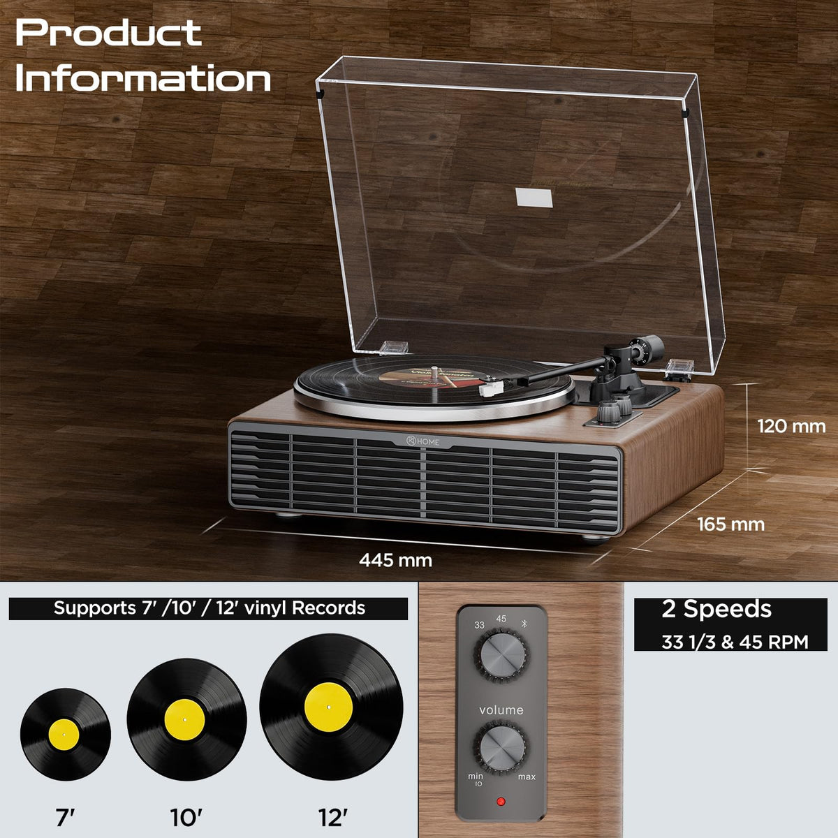 XJ-HOME record player side view highlighting belt-drive for smooth listening.