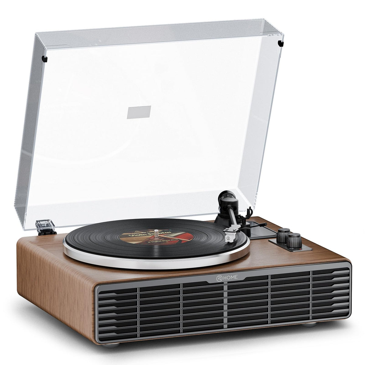 XJ-HOME record player top view showing integrated speakers for compact spaces.