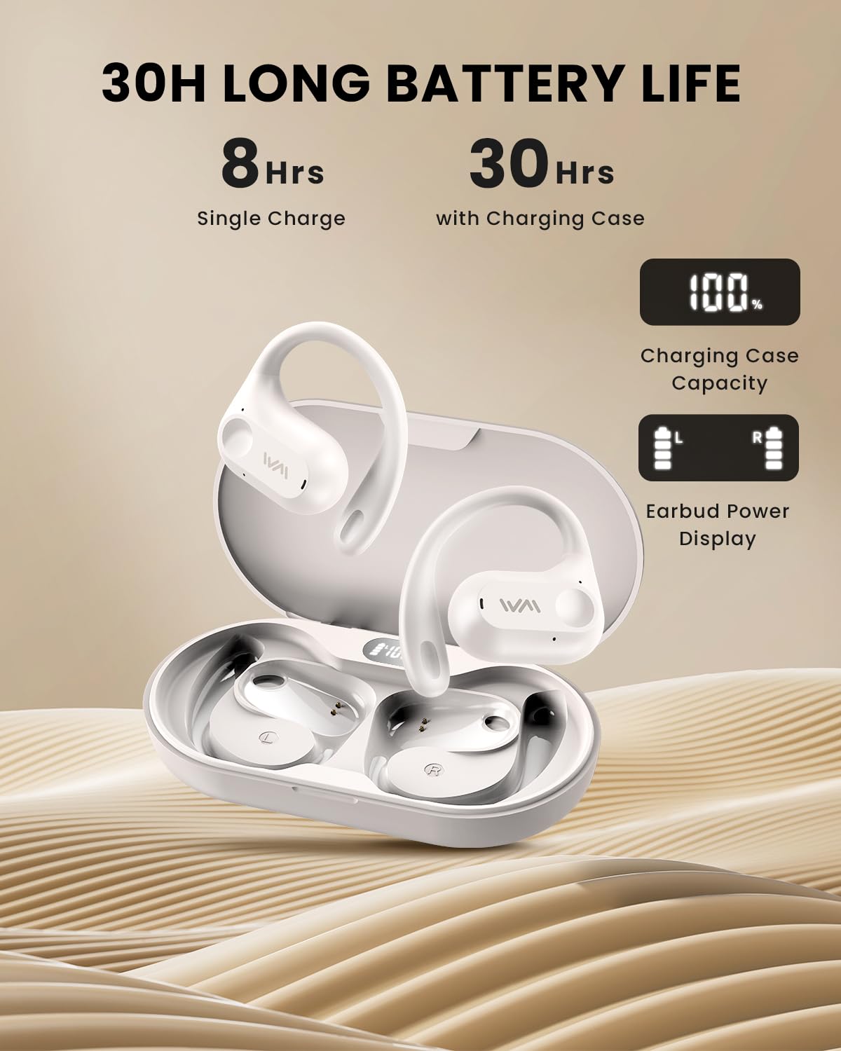 XKDUN earbuds next to a hand for size comparison, conveys lightweight portability