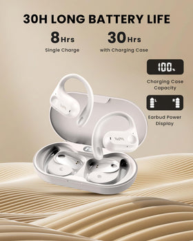 XKDUN earbuds next to a hand for size comparison, conveys lightweight portability