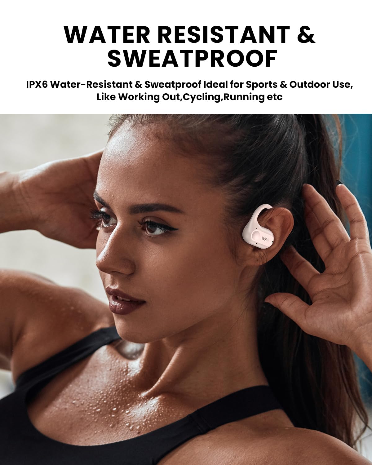 XKDUN earbuds with water droplets to show IPX6 sweat and splash resistance