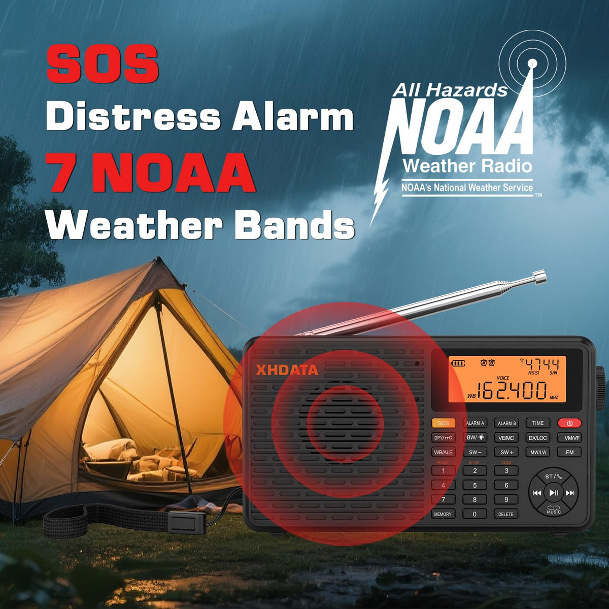 XHDATA D109WB screen and buttons close-up displaying frequency and battery level