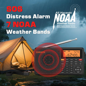 XHDATA D109WB screen and buttons close-up displaying frequency and battery level