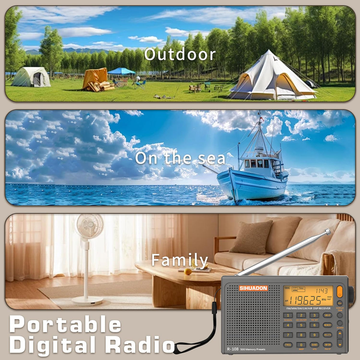 XHDATA SIHUADON R-108 on a campsite table demonstrating battery-powered use