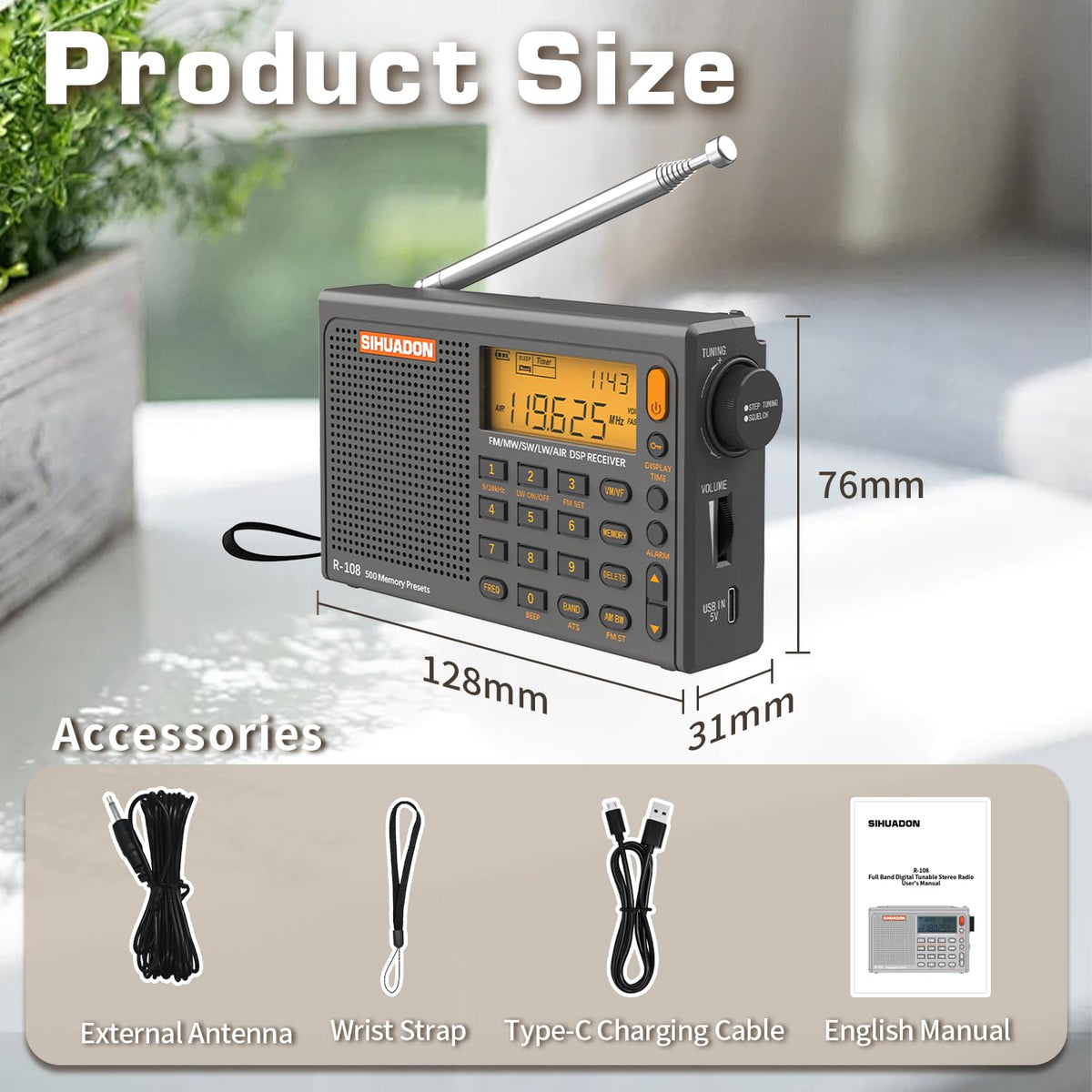 XHDATA SIHUADON R-108 next to a coffee mug showing compact scale and portability