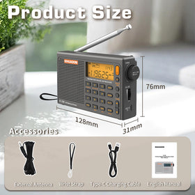 XHDATA SIHUADON R-108 next to a coffee mug showing compact scale and portability