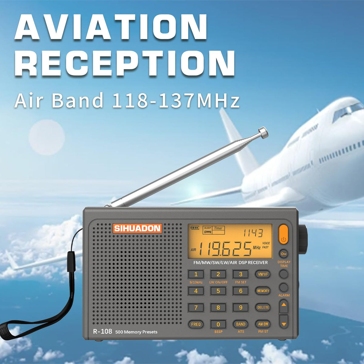 XHDATA SIHUADON R-108 telescopic antenna extended for improved reception