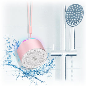 XLEADER mini Bluetooth shower speaker pink, portable for bathroom listening.