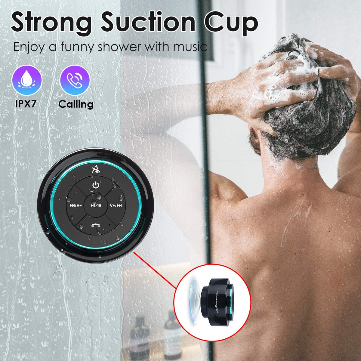 XLEADER SoundAngel Mate attached with suction cup on tile, reliable shower mounting benefit