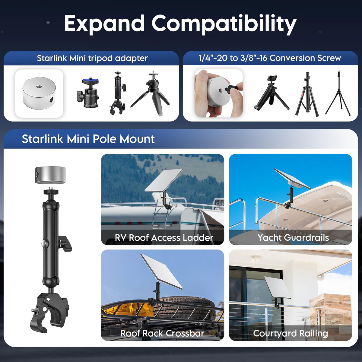 XLTTYWL conversion screw detail illustrating 1/4"-20 to 3/8"-16 adaptability benefit