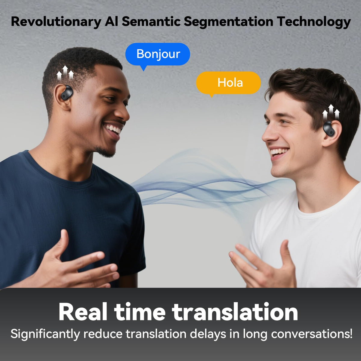 Two people using Xmenha binaural mode sharing live translated audio