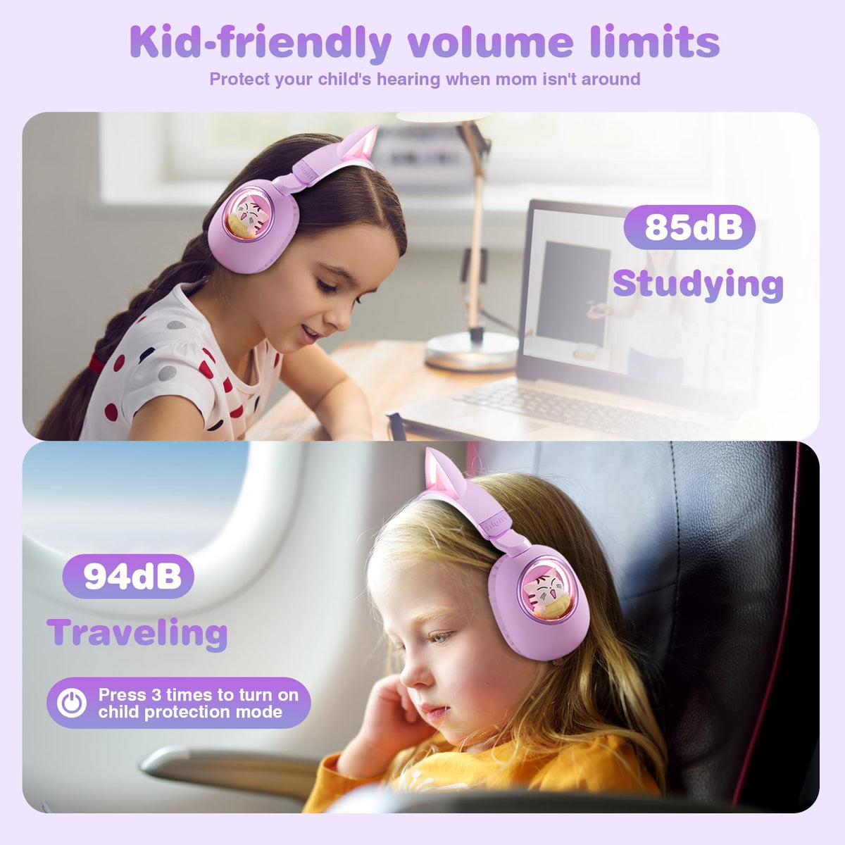 Xmenha cat ear headphones adjustable headband with soft, breathable ear cushions.