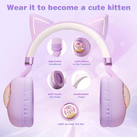 Xmenha cat ear headphones compatible with most Bluetooth devices and USB-C charging.