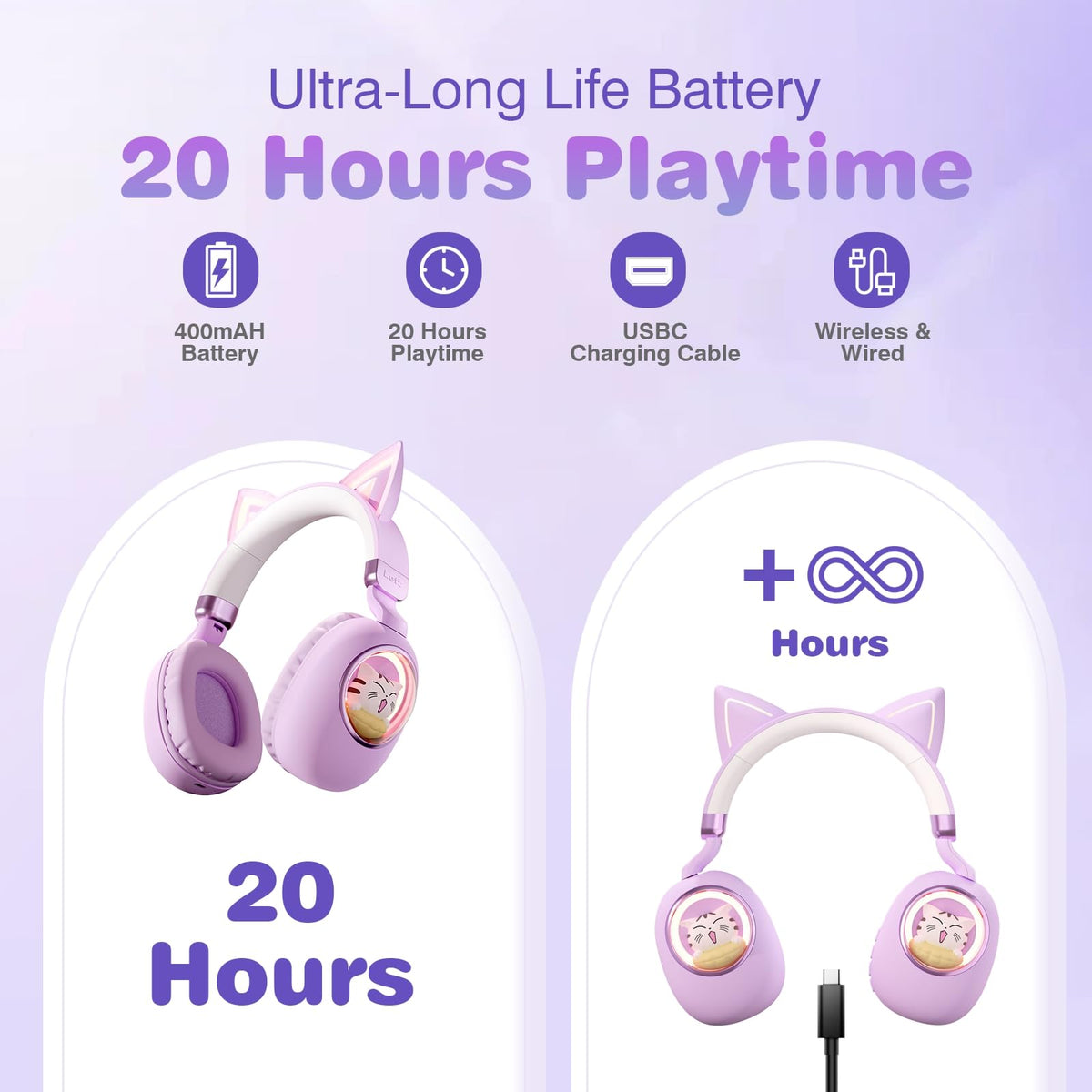 Xmenha cat ear headphones support wireless Bluetooth and wired 3.5mm connection.