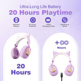 Xmenha cat ear headphones support wireless Bluetooth and wired 3.5mm connection.