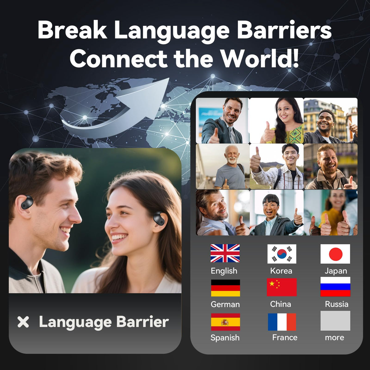 Person wearing Xmenha earbuds in-ear showing hands-free translation