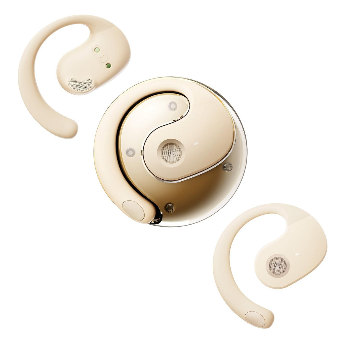 Xmenha front view of earbuds showing compact over-ear design and benefit of situational awareness