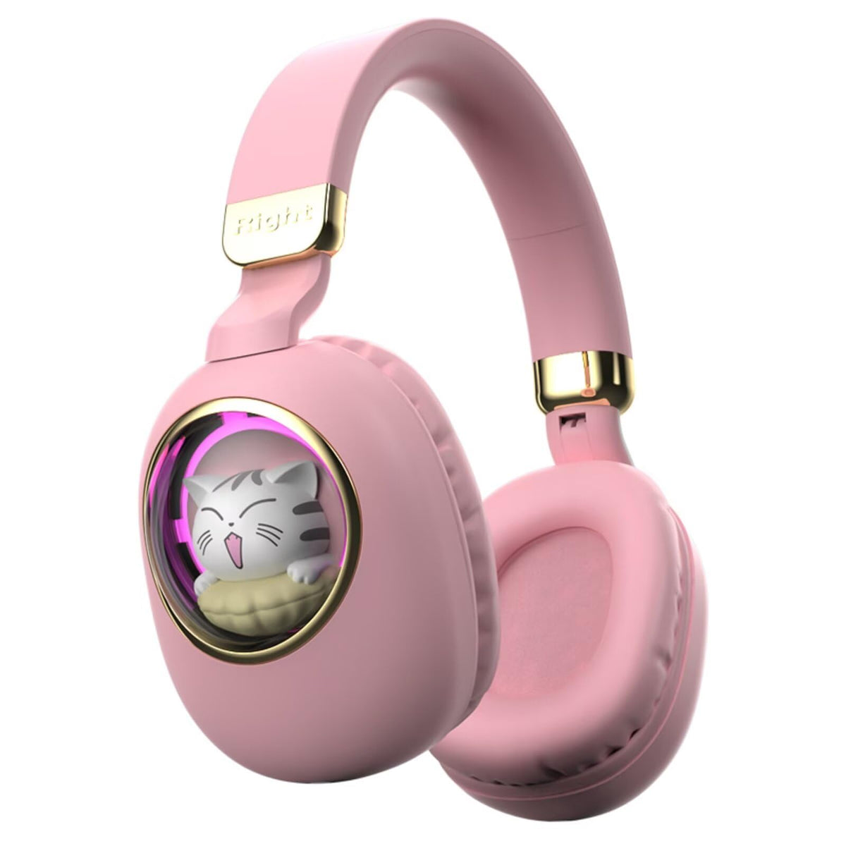 Xmenha pink cat headphones front view showing playful lights and kid-friendly design for visibility