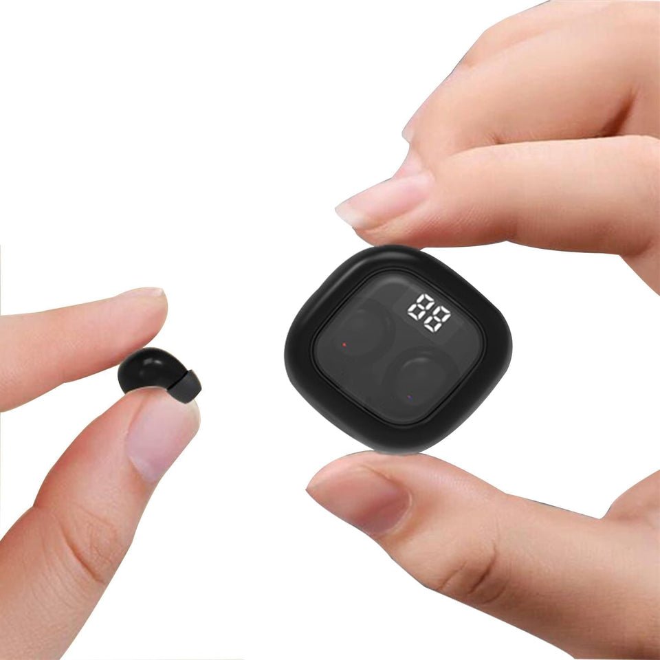 Xmenha front view showing compact case and tiny earbuds, ultra-portable benefit