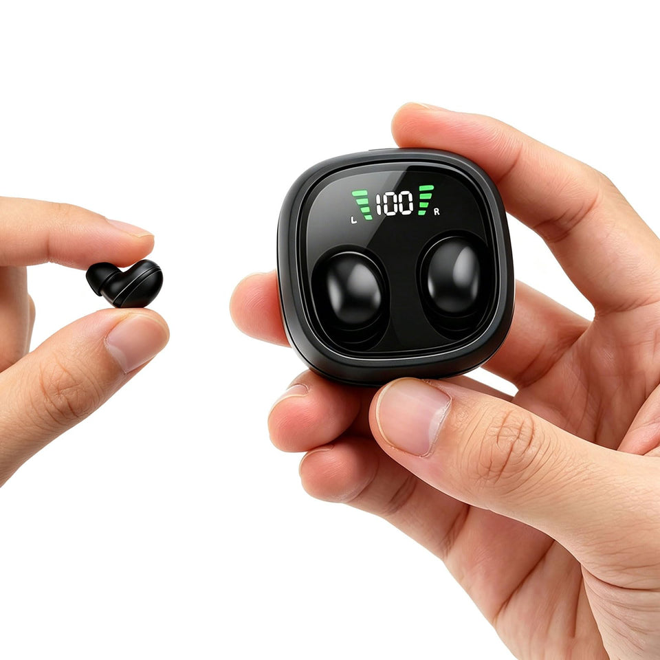 Xmenha invisible earbud front view; ultra discreet for meetings or commuting