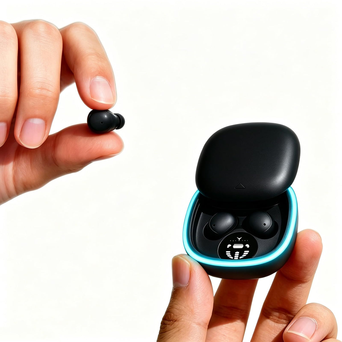 Xmenha low-profile earbuds inside charging case for discreet daily wear