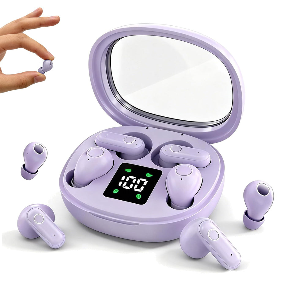 Xmenha mini invisible earbuds for side sleepers in purple, discreet and comfortable for overnight listening