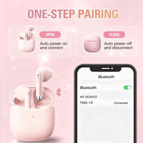 Xmenha pink true wireless earbuds in front of charging case ready for quick pairing