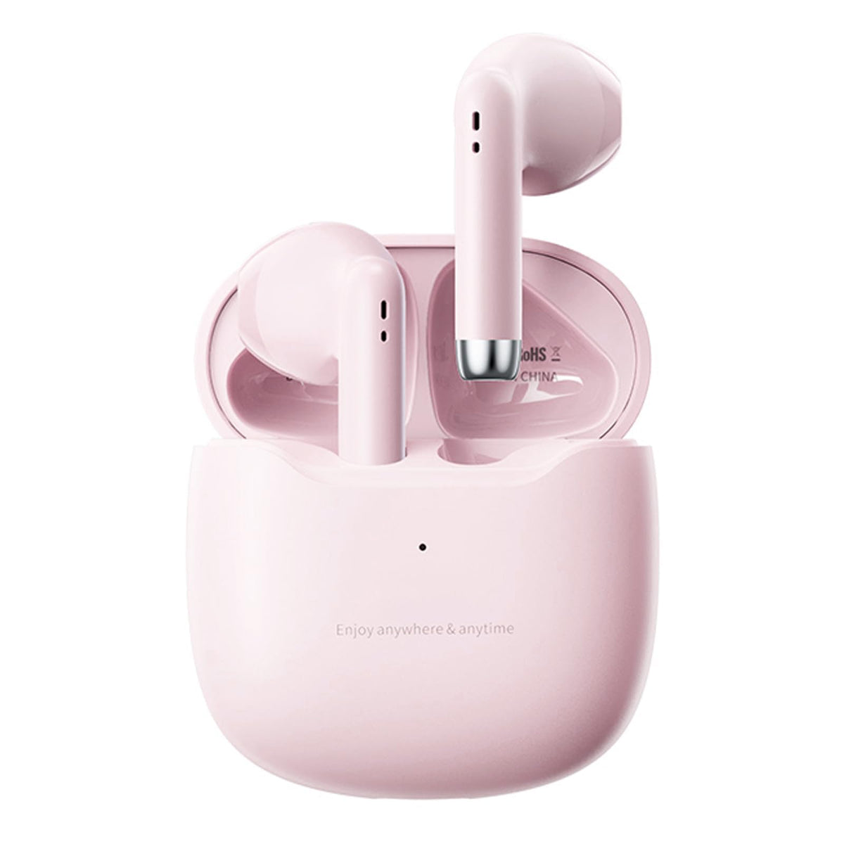 Xmenha pink true wireless earbuds nestled in their charging case for on-the-go listening