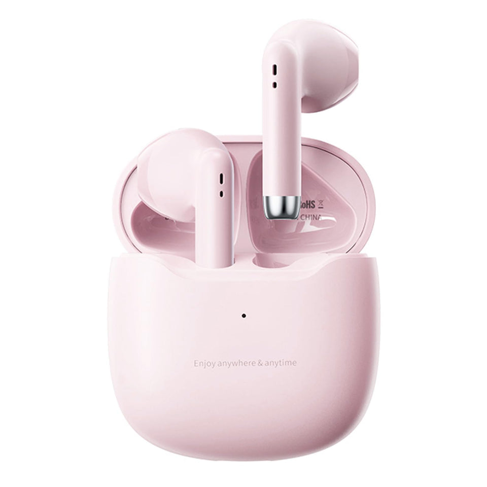 Xmenha pink true wireless earbuds nestled in their charging case for on-the-go listening
