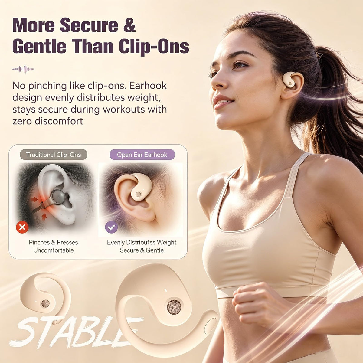 Xmenha side profile showing over-ear hook and benefit of staying in place during movement