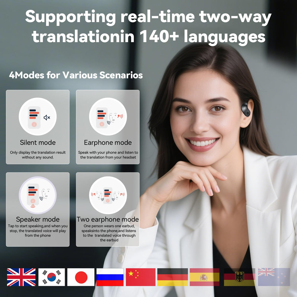 Xmenha translation app screen showing language selection and transcript