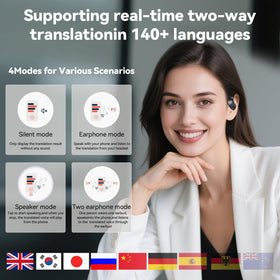 Xmenha translation app screen showing language selection and transcript