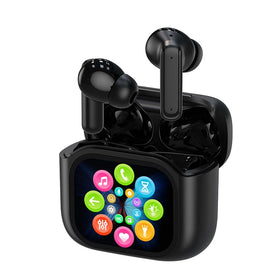 Xmenha wireless earbuds with touchscreen case showing controls and battery status
