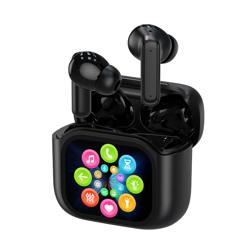 Xmenha wireless earbuds with touchscreen case showing controls and battery status