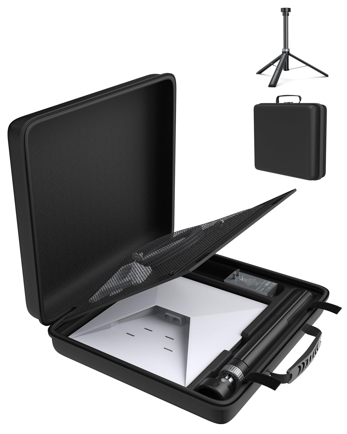XMoving Starlink Mini tripod mount folded for compact travel readiness.