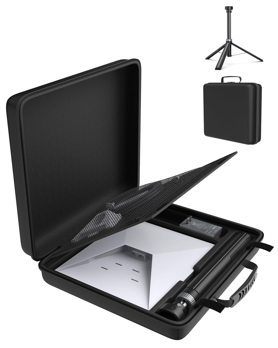 XMoving Starlink Mini tripod mount folded for compact travel readiness.