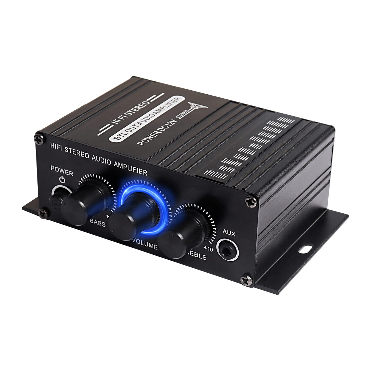 XMSJSIY 12V HiFi amplifier front panel with blue LED knob for stylish car audio.