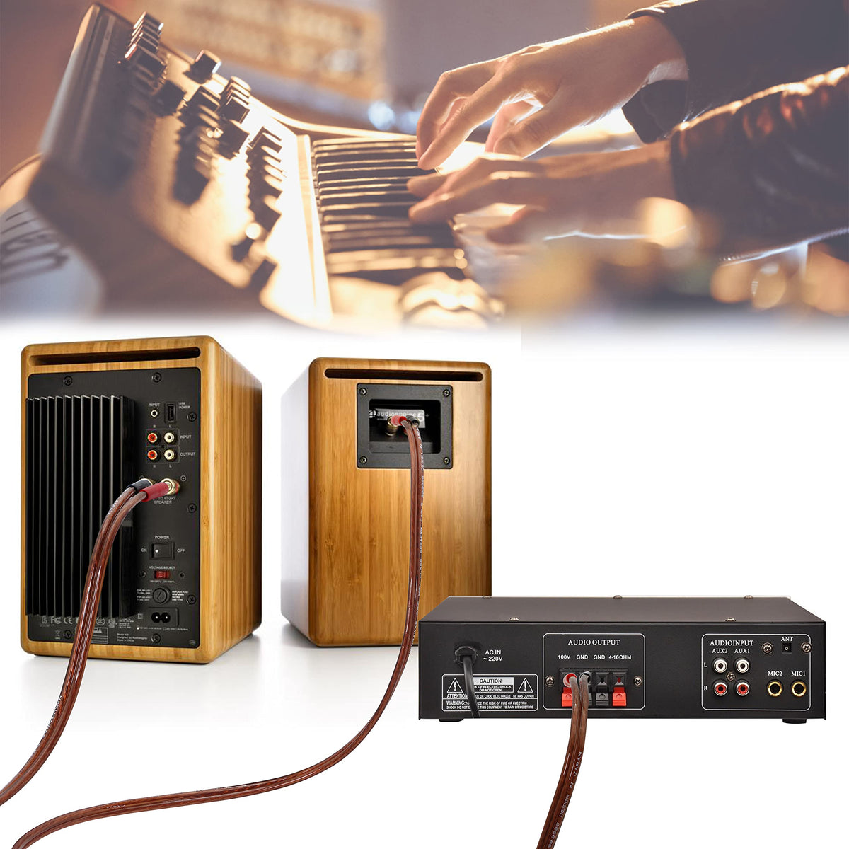 XMSJSIY cable connected between amplifier and speaker delivering reliable audio link