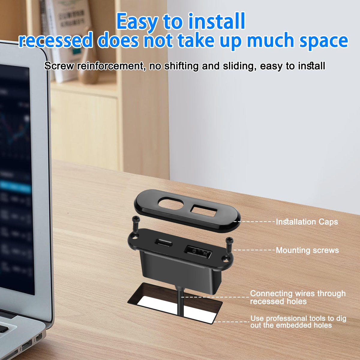 XMSJSIY side profile installed in desk, demonstrates low-profile, space-saving benefit